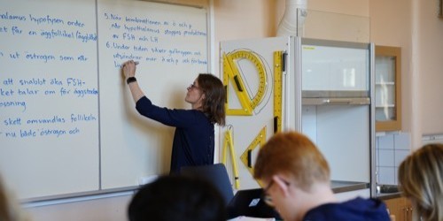 En lärare som skriver på en whiteboardtavla