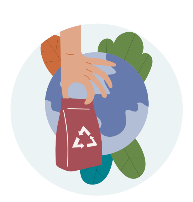 Hand holding a red recycling bag with symbol in front of Earth and colorful leaves, symbolizing sustainability and eco-awareness.