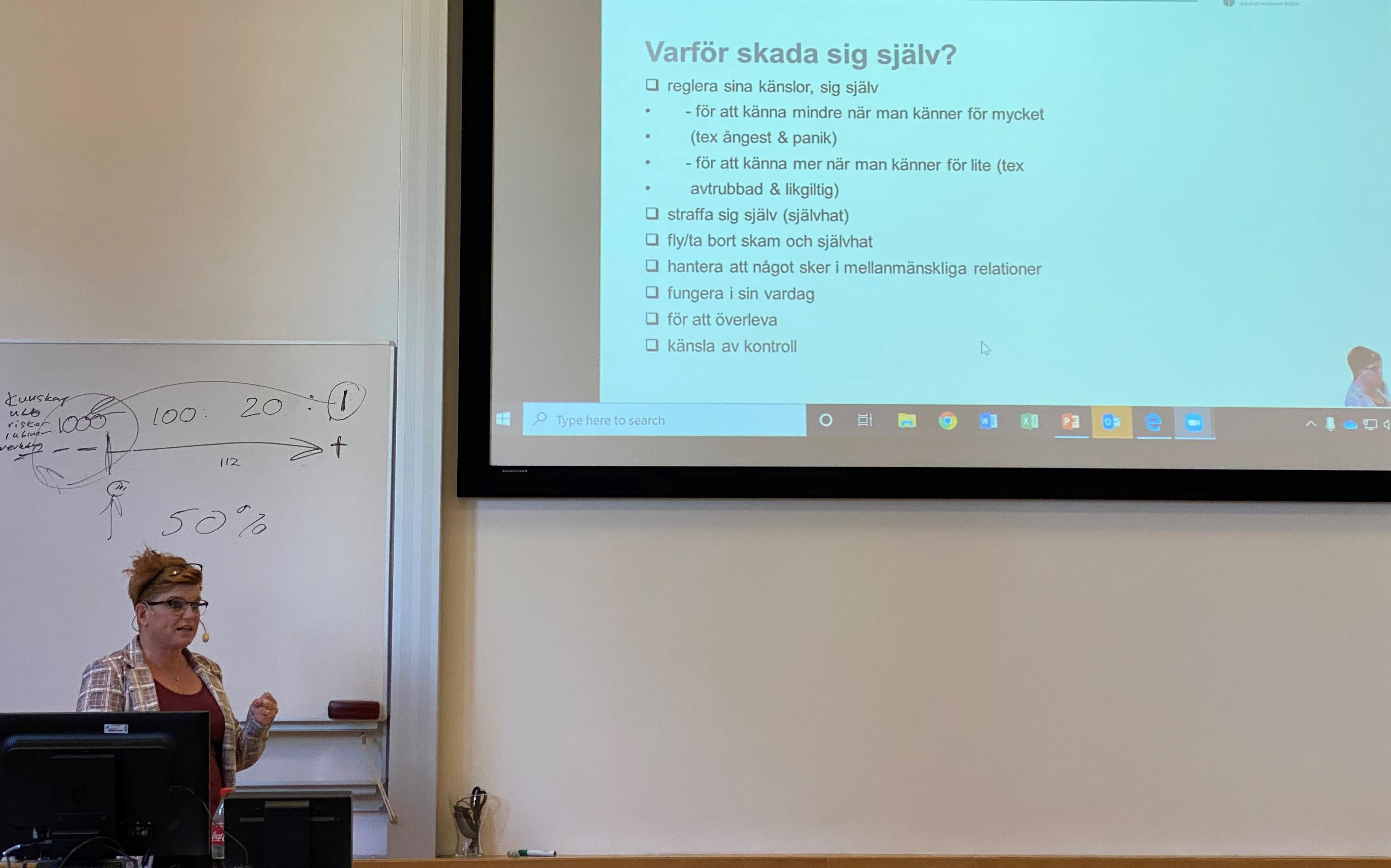 Nina Gunnarsson presenting with an image about reasons someone practices self harm on the screen.