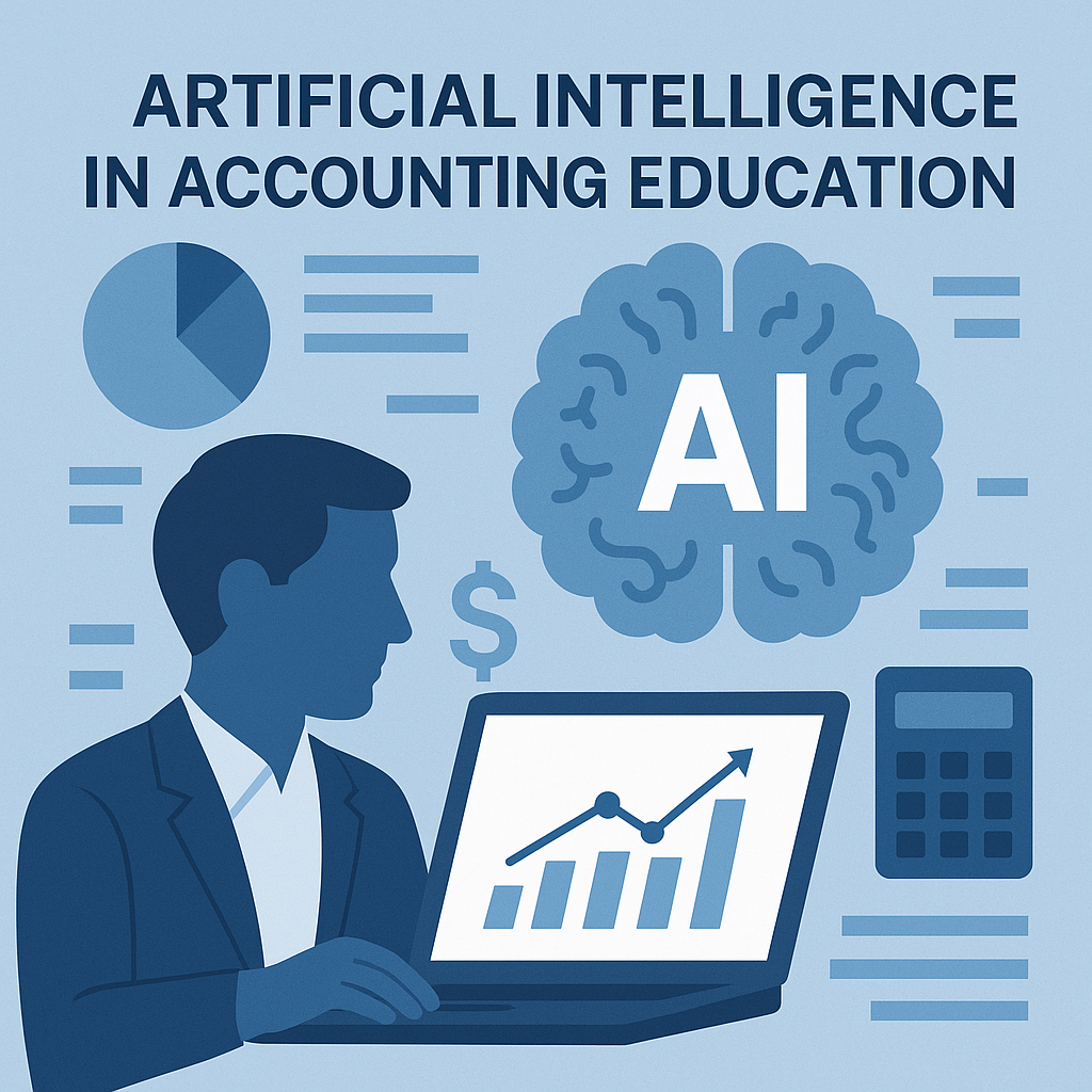 Illustration of a man using a laptop with charts, a brain labeled "AI," and accounting symbols like a calculator and dollar sign.