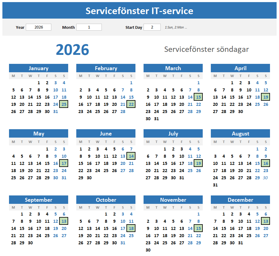 Kalender med markerade dagar för servicearbete